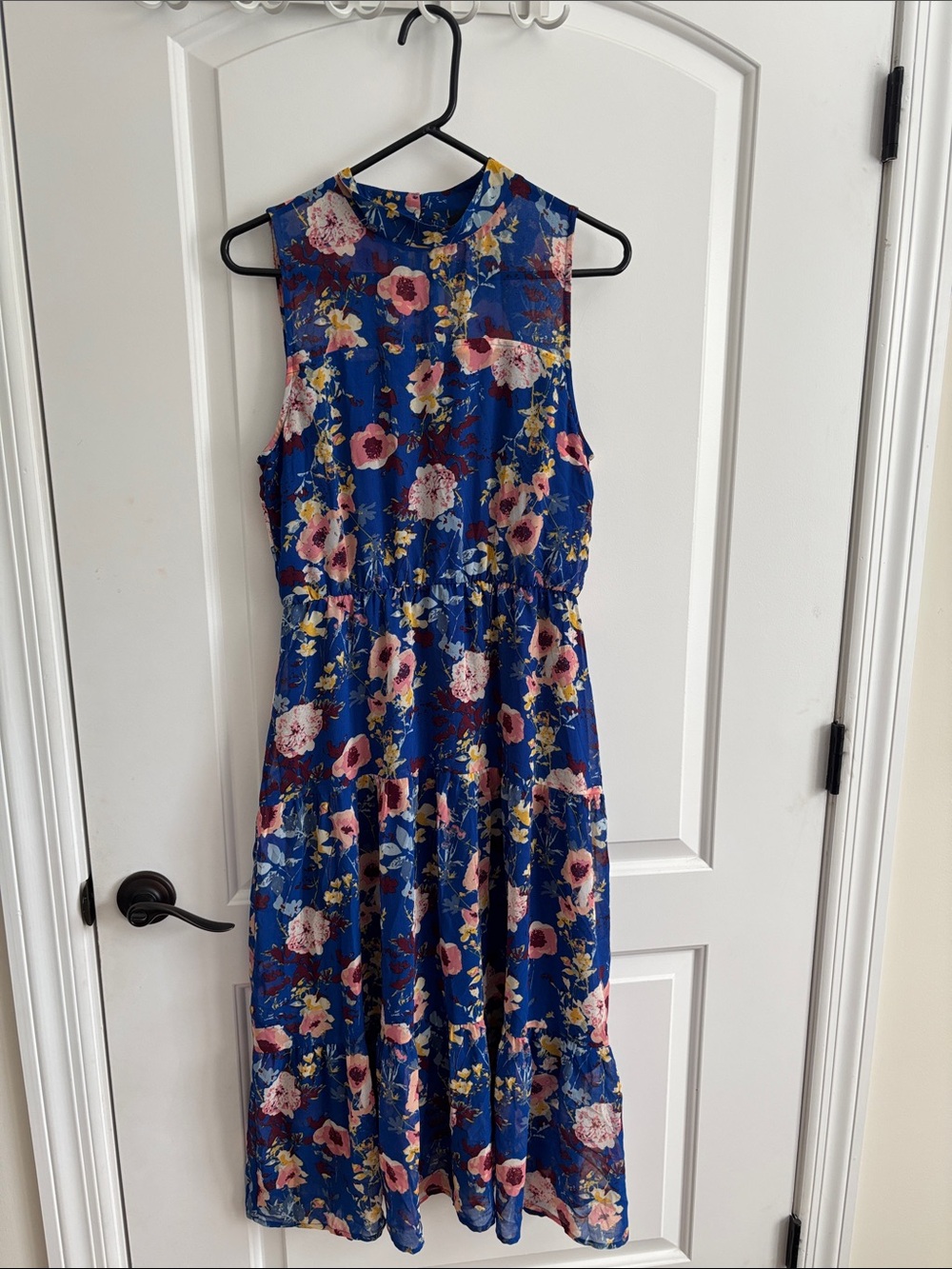 Lulus In My Dreams Blue Floral Print Midi Dress Women's Medium Tiered Chiffon
